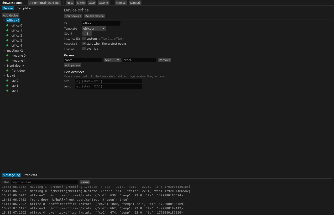 The device editor showing the office device of the showcase project