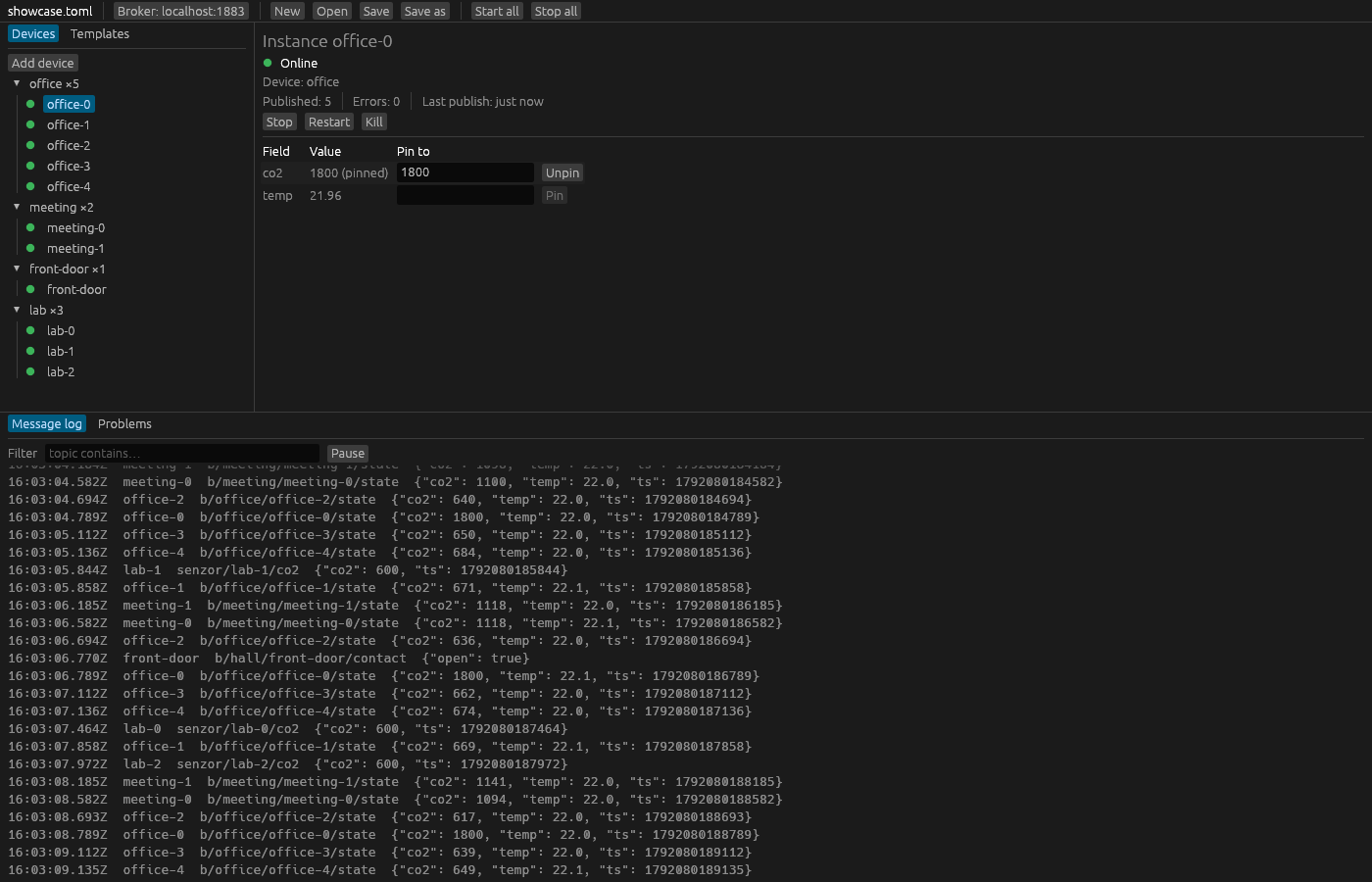 The message log listing the messages the showcase devices published