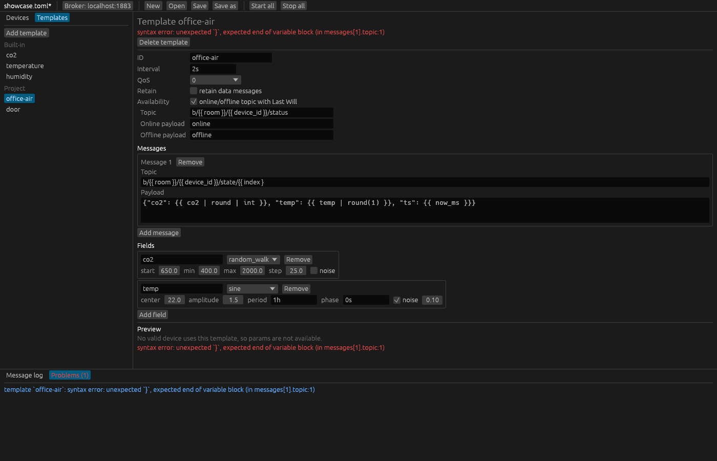 The Problems tab listing a validation error