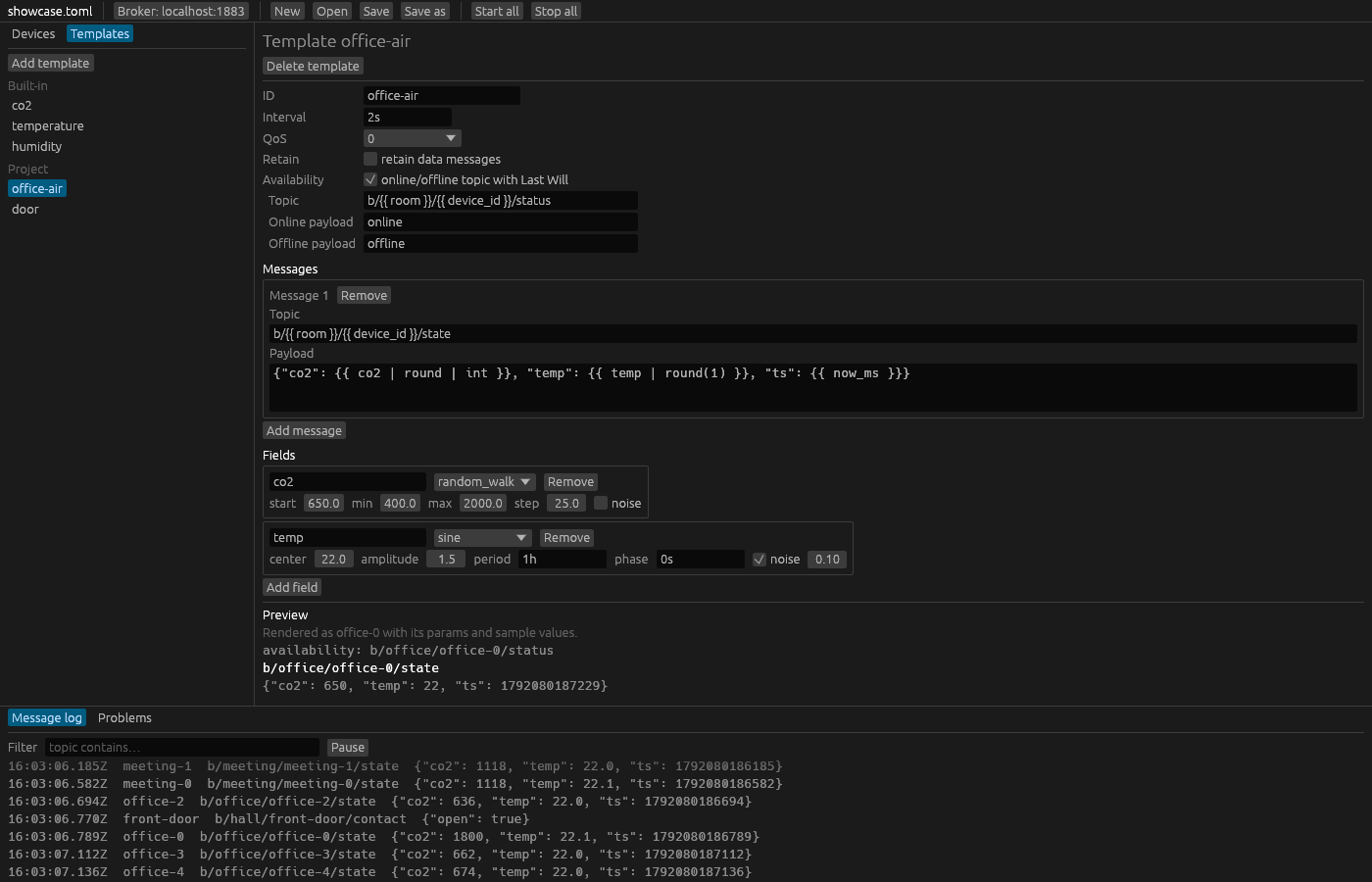 The template editor showing office-air with its preview